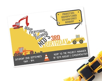 Invitation de fête de construction, INVITE NUMÉRIQUE IMPRIMABLE pour les enfants Fête d'anniversaire Garçons Outil de construction Camion Thème de fête d'anniversaire