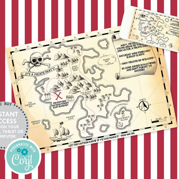 Pirate Party Treasure Map Invitation, Digital Instant DOWNLOAD EDIT YOURSELF Pirate Birthday Invite, Kids or Adults Birthday, Pirate Ship