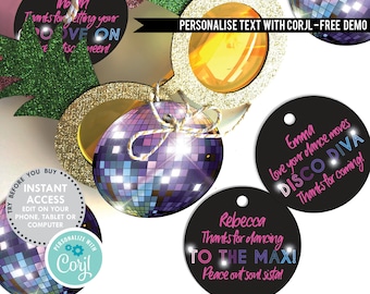 Disco Party Gift Tags, PRINTABLE DIGITAL Gift Tags for Retro Disco Dance Party Theme Birthday Party Favors with Disco Ball and editable text