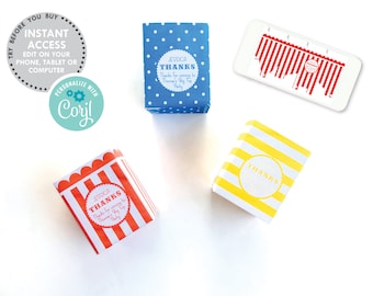 Carnival Party Favor Boxes - INSTANT DOWNLOAD EDITABLE Circus themed Favor Gift, popcorn, snack boxes for a kids big top circus party