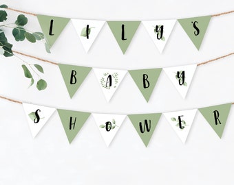 Baby shower Bunting 'Eucalyptus', INSTANT DOWNLOAD AFDRUKBARE Boho groen en wit thema baby shower banner Garland Bunting vlag decoraties