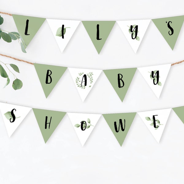 Baby Shower Bunting 'Eucalypt', INSTANT DOWNLOAD PRINTABLE Boho Green and White Theme Baby Shower Banner Garland Bunting Flag Decorations