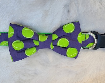 May include: A purple dog collar with a green trim and a bow tie featuring a tennis ball pattern.