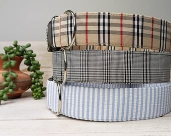 Fancy Dog collar - Blue Seersucker - London Plaid - Classic Plaid  - Summer Dog Collar