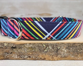Navy Blue Rainbow Stripes Dog Collar - Boy Dog Collar - Fun Collar -  Multi Stripped Collar  - Pretty Dog Collar - Boy Dog Gift