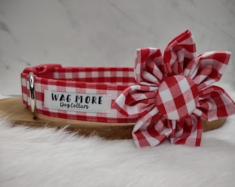 Red gingham dog collar with flower ~ Red check spring dog collar ~ Summer dog collar ~ Red dog collar for girl dog ~ Red checkered collar