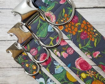 Charcoal Grey Floral Dog Collar / Grey Multicolor /  Mustard / Orange / Rose  /  Vintage Inspired Dog Collar