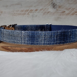 May include: A blue and white plaid dog collar with a silver buckle.