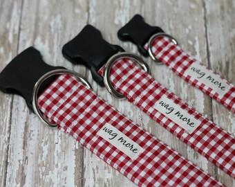 Red Plaid Classic Dog Collar - Bright Red Gingham - Dog Collar for Summer - Plaid Dog Collar -  Unisex Dog Collar -
