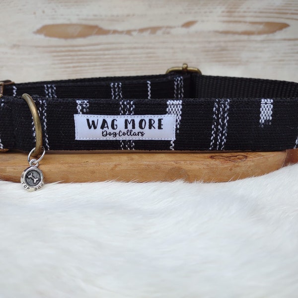 Black Eye Cat Aztec striped dog collar - Multi colored dog collar  - Hand woven collar - Cool  black collar - Mayan print fabric dog collar