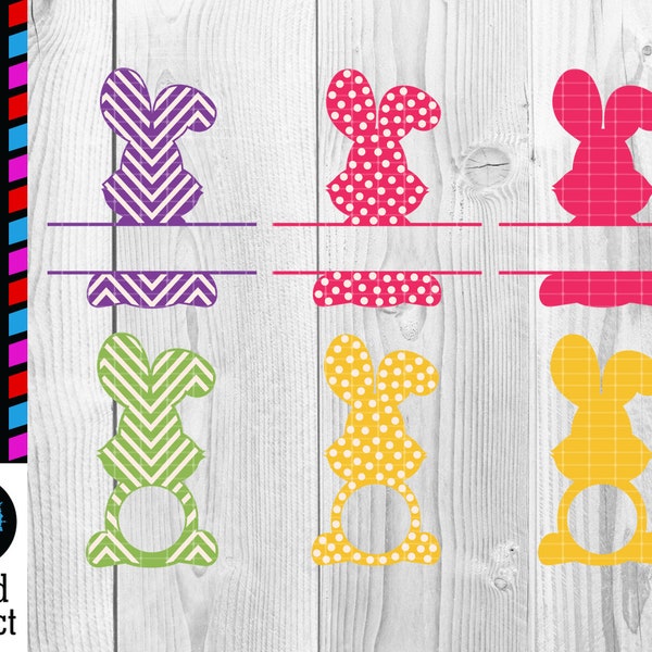 Bunny Monogram Rabbit Split Circle Frame Bundle Easter Svg Personalized Polka Dot Chevron File For Cricut Silhouette Kids Celebration PNG