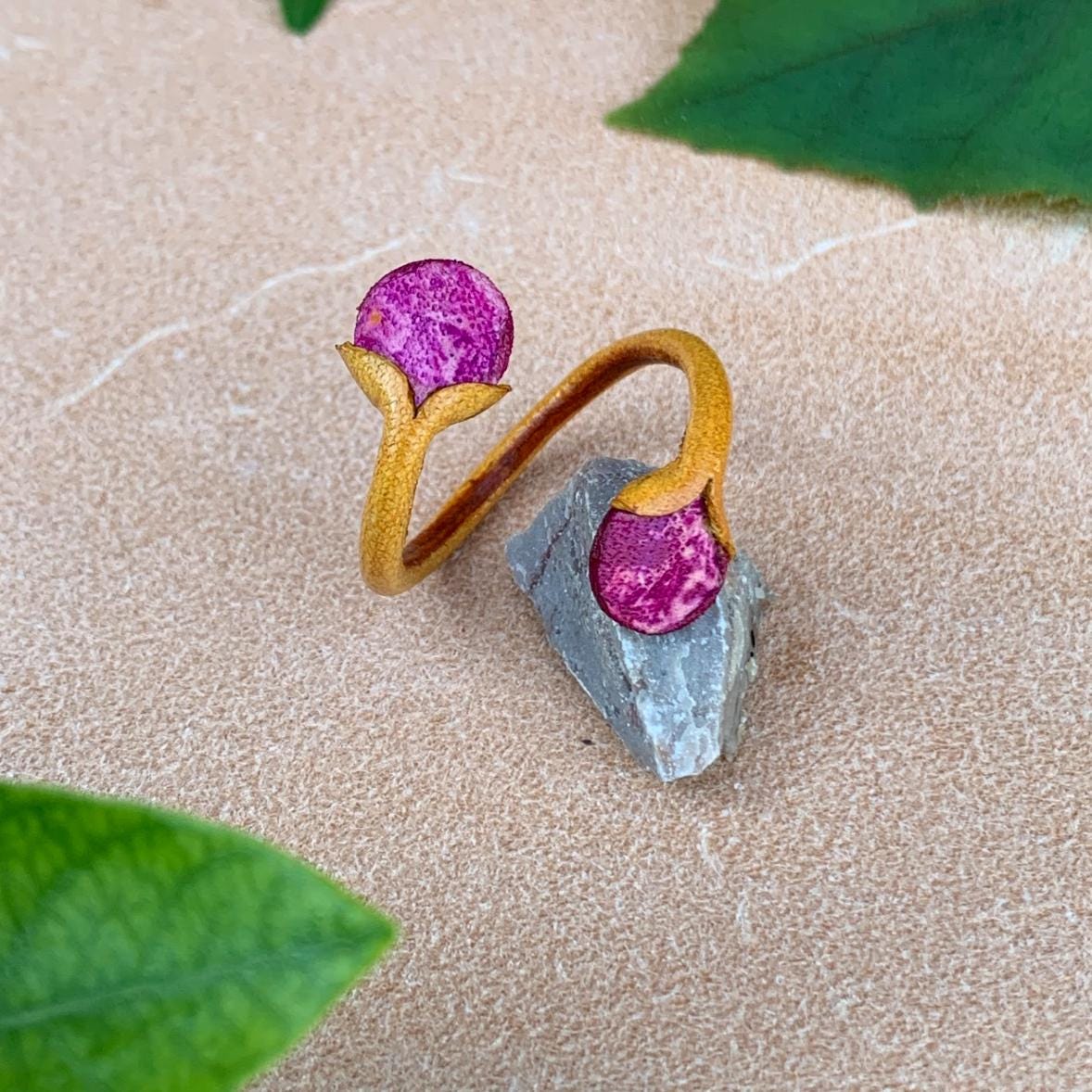 Beya Ring – Adjustable Leather Ring, Handcrafted Blooming Branch Design ...
