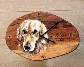 Gold Retviler Wall Clock Painted clock Original  acrylic Autumn colors Hand painted Pet portrait