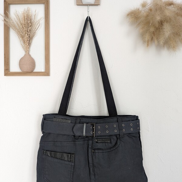 Sac en jean enduit noir Bonobo doublé tissu gris DIY upcycling modèle unique à personnaliser