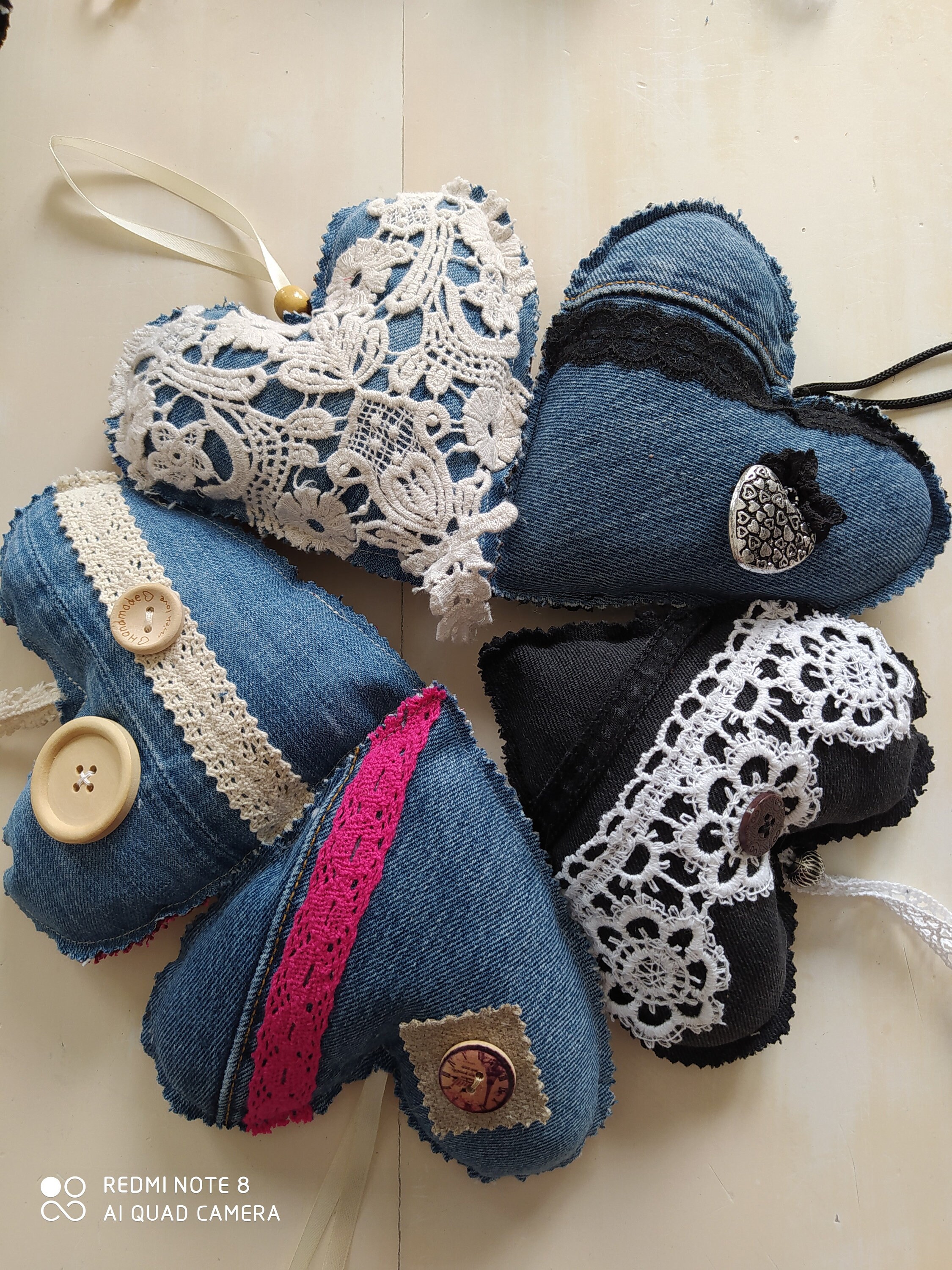 Lot 5 Cœurs en Jean Tissu Dentelle Décoratifs à Suspendre