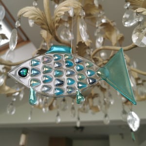 Aqua Blue Iridescent fused glass fish suncatcher 16cm x 9m