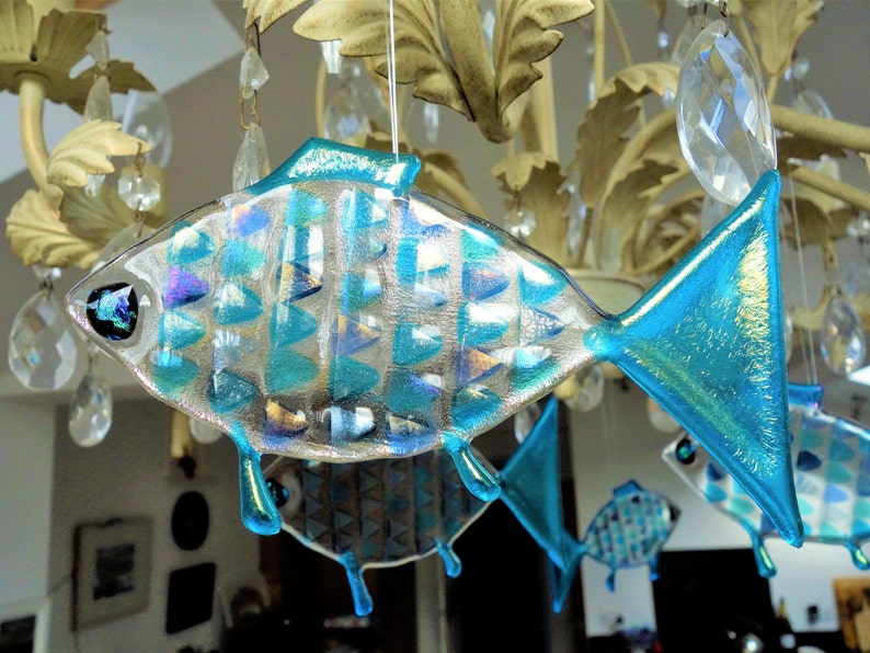 M3 Iridescent fused glass fish suncatcher 15cm x 8cm