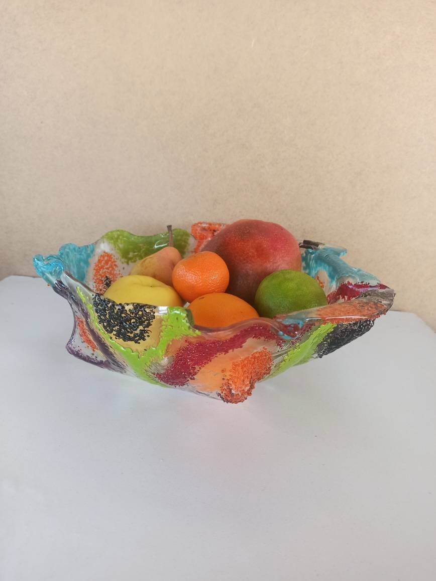 Coupe à Fruits - Centre de Table Plat Service Coloré Art Verrier