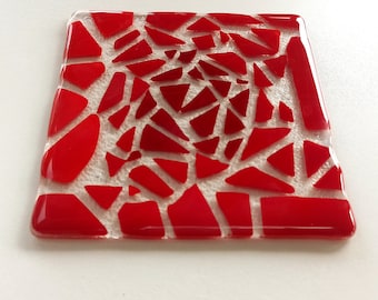 Thick red fused glass trivet for your table - silicone foot