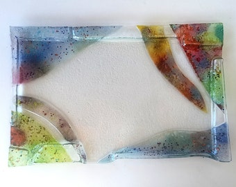 Large artisanal dish / tray, unique and original, fusing glass, transparent and colored