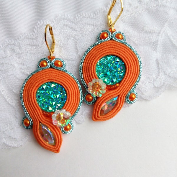 Earrings fashion soutache orange blue crystals.