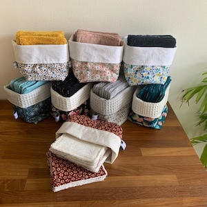 Washcloths, washable and reusable wipes - makeup remover in their basket - Zero waste