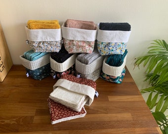 Washcloths, washable and reusable wipes - makeup remover in their basket - Zero waste