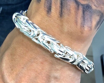 Solid Silver Mens Bracelet 12mm Byzantine Kings Chain 925 Sterling Round Heavy thick Rhodium plated