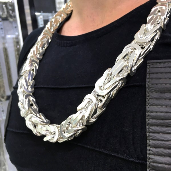 Heavy Thick Solid King's Necklace 925 Sterling Silver Byzantine Chain Cubic 15mm thick - 760 gr!