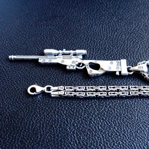 Sterling Silver Dragunov Sniper Rifle Pendant - Byzantine Chain Necklace