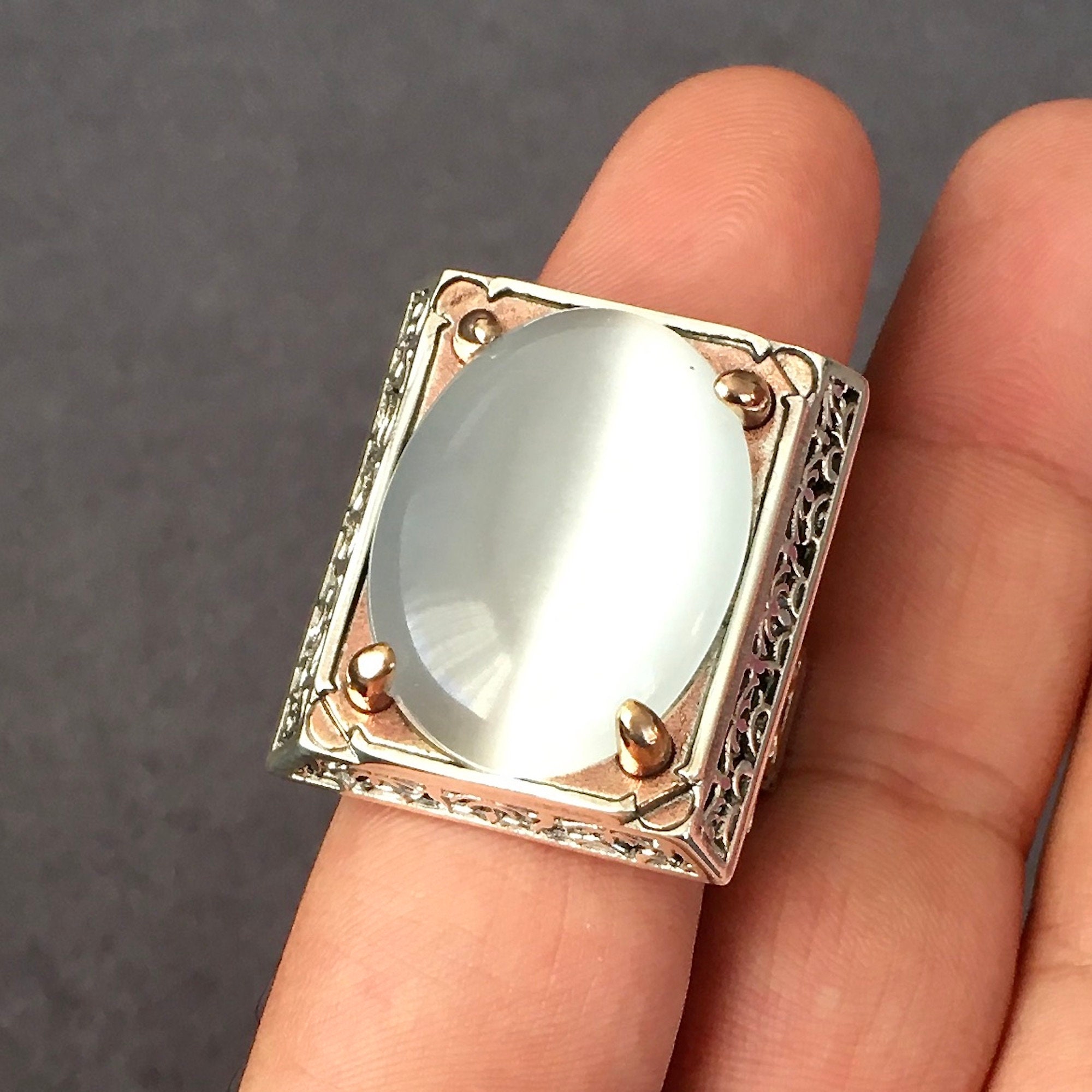 Silver Cats Eye Moonstone Mens Ring Bold Heavy 925 Sterling