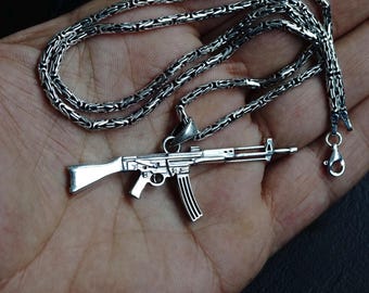 Sterling Silver AK 47 Pendant Necklace: Byzantine Chain