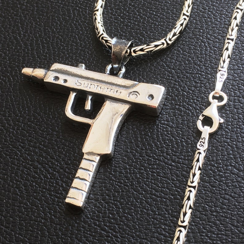 Sterling Silver UZI Pendant & Kings Chain Necklace round solid | Etsy