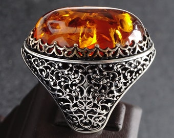 925 Sterling Silver Mens Ring Bakelite Amber Large Unique Handmade Jewelry size 10.5