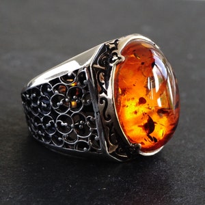 925 Sterling Silver Mens Ring Amber Turkish Artisan Handmade Jewelry