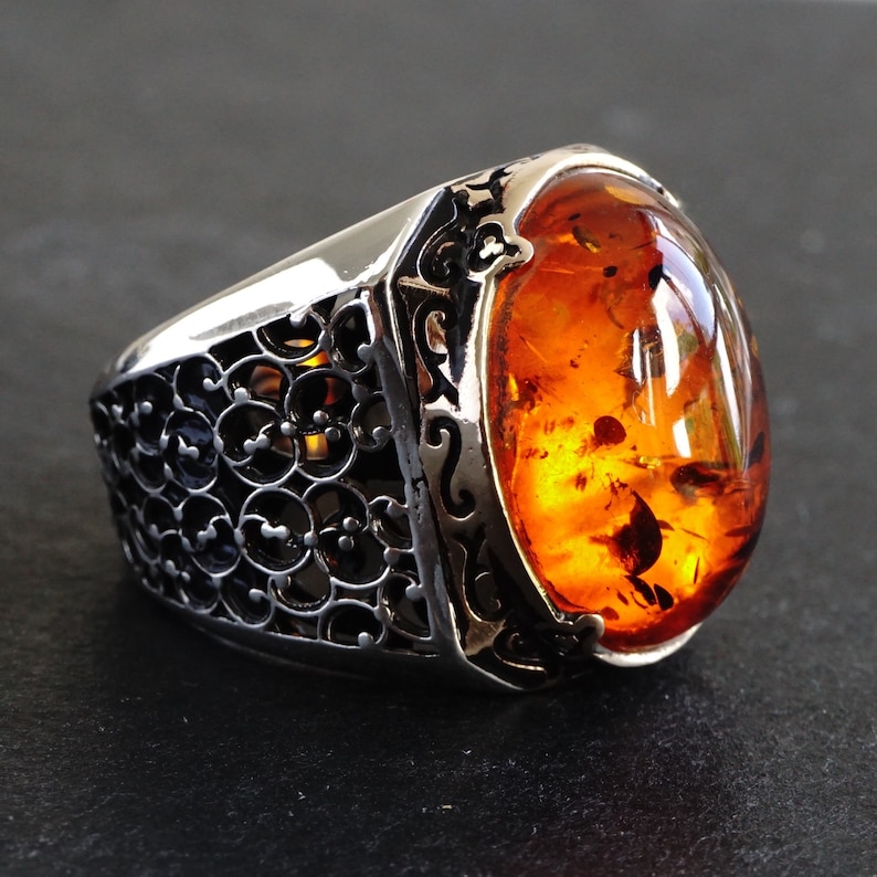 925 Sterling Silver Mens Ring Amber Turkish Artisan Handmade - Etsy
