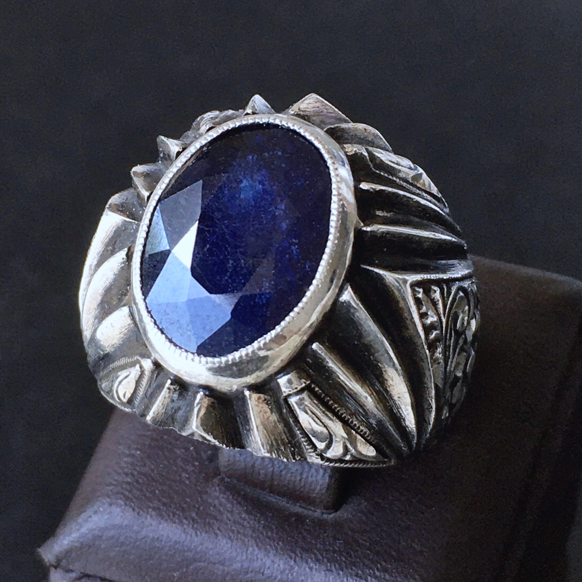 Blue Sapphire Mens Ring Sterling Silver 925 Unique