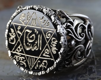 Mens Ring Seal of Solomon Sterling Silver Black Onyx handmade Talisman