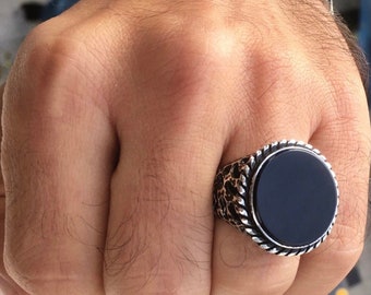 好きに Silver 925 Solid Handmade Stone Round Onyx Black Ring Mens アクセサリー