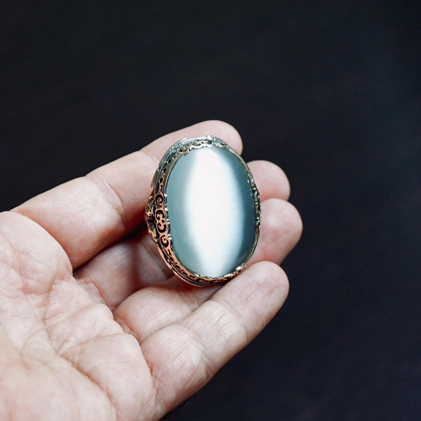 Silver Mens Ring Huge Moonstone Cats Eye Bold Heavy Sterling