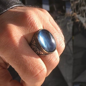Anel masculino de prata azul água-marinha 925 esterlina artesanal turca joias masculinas redimensionamento grátis