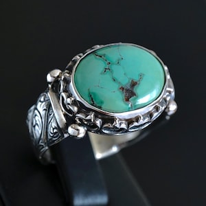 Handmade Engraved Sterling Silver Turquoise Ring: Artisan Mens Jewelry