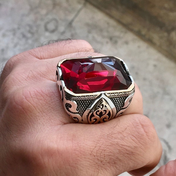 Sterling Silver Mens Ring Big Statement Jewelry Red Zirconia