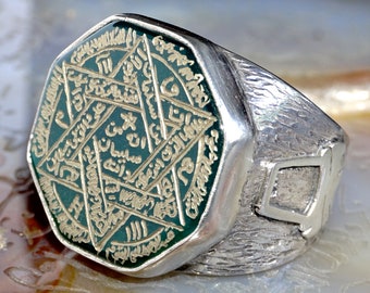 Seal of Solomon Ring 925 Sterling Silver Green Agate Aqeeq hand-engraved Unique Talisman