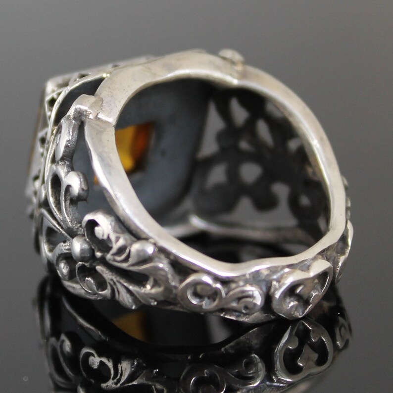 925 Sterling Silver Mens Ring Unique Handmade natural fire Amber size 9.5 US