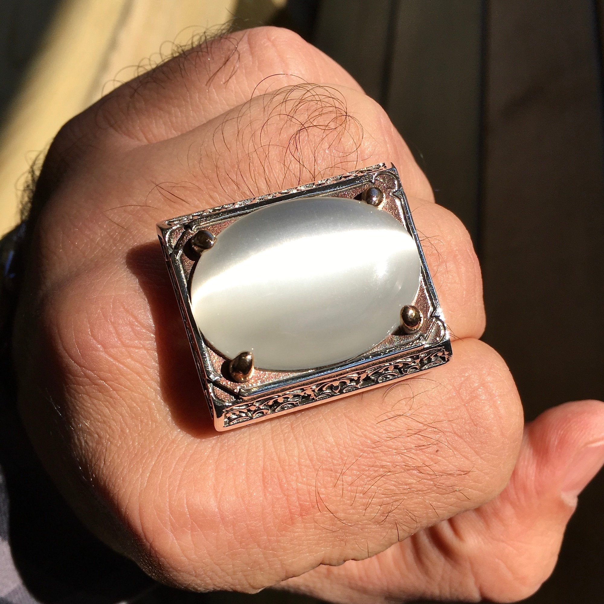 Silver Cats Eye Moonstone Mens Ring Bold Heavy 925 Sterling