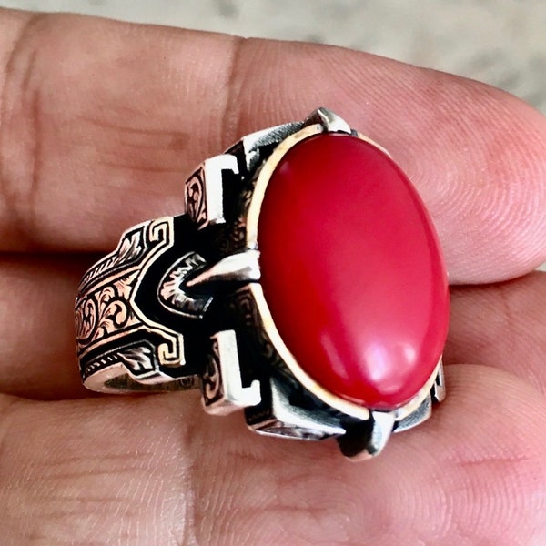 Silver Mens Ring natural Red Coral handmade 925 Sterling Turkish Artisan Jewelry free resizing