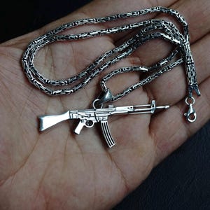 Sterling Silver AK 47 Pendant Necklace: Byzantine Chain