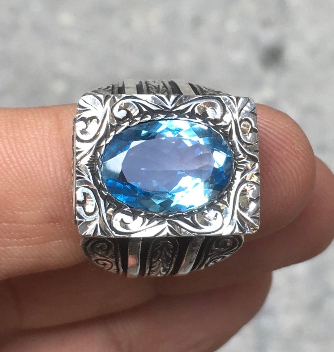 Sky Blue Topaz Sterling Silver Ring Unique Handcrafted Mens - Etsy