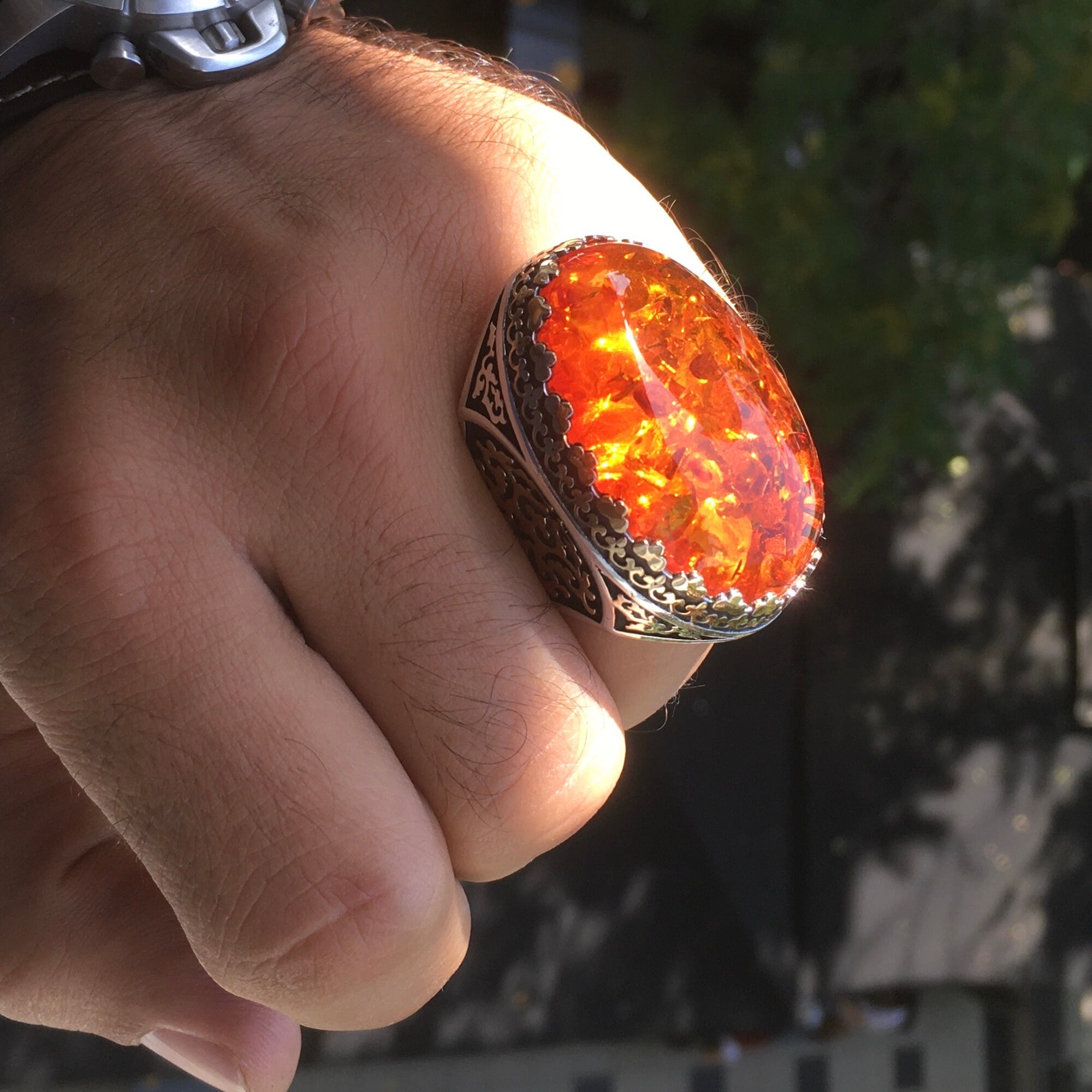 Silver Mens Ring Big Amber Sterling 925 Chunky Bold Large